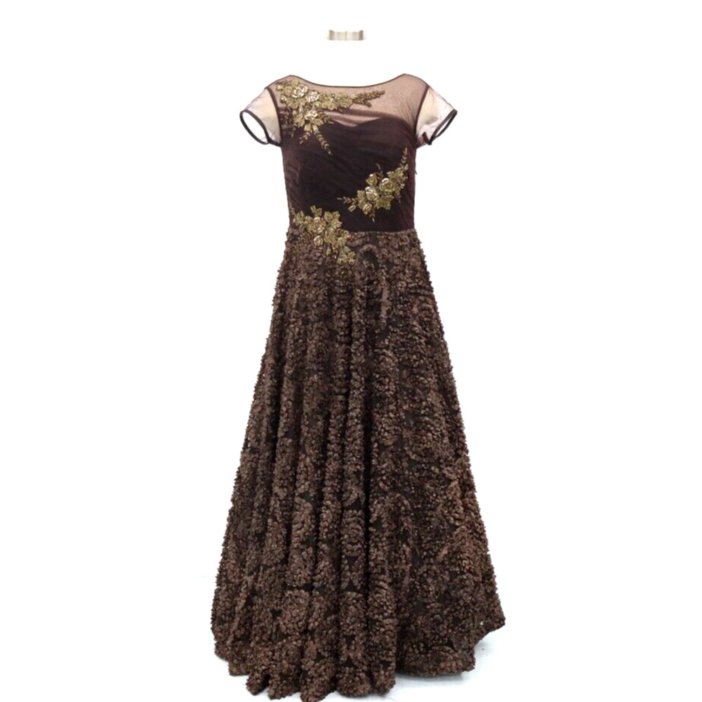 Karishma Indian Gown Size Medium Brown with Gold Floral Beading